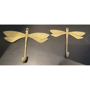 Pair Of Large Vintage Brass Dragon Fly Wall Hook Insect Sculpture Art Decor